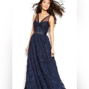 Adrianna Papell tulle rosette navy blue gown dress -6